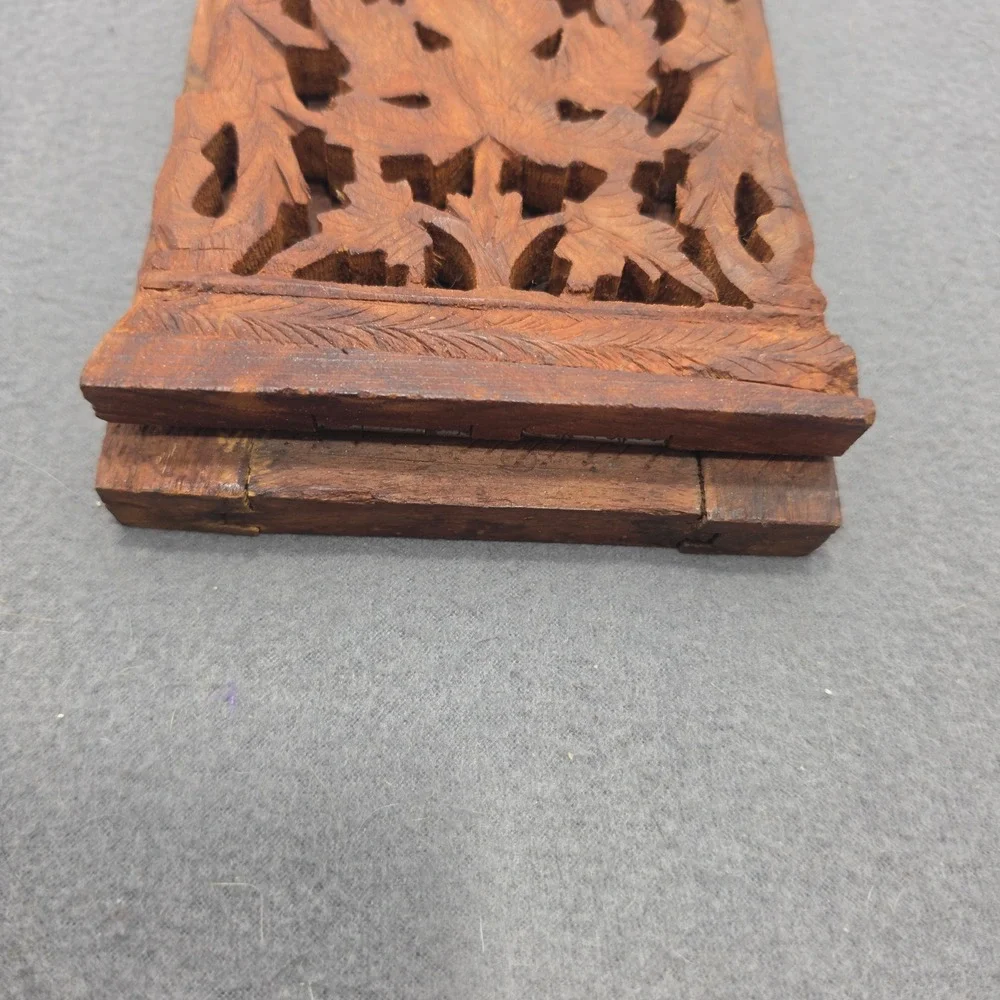 Vintage Hand Carved Floral Wood Book Slide Expandable Folding Desk Bookends B